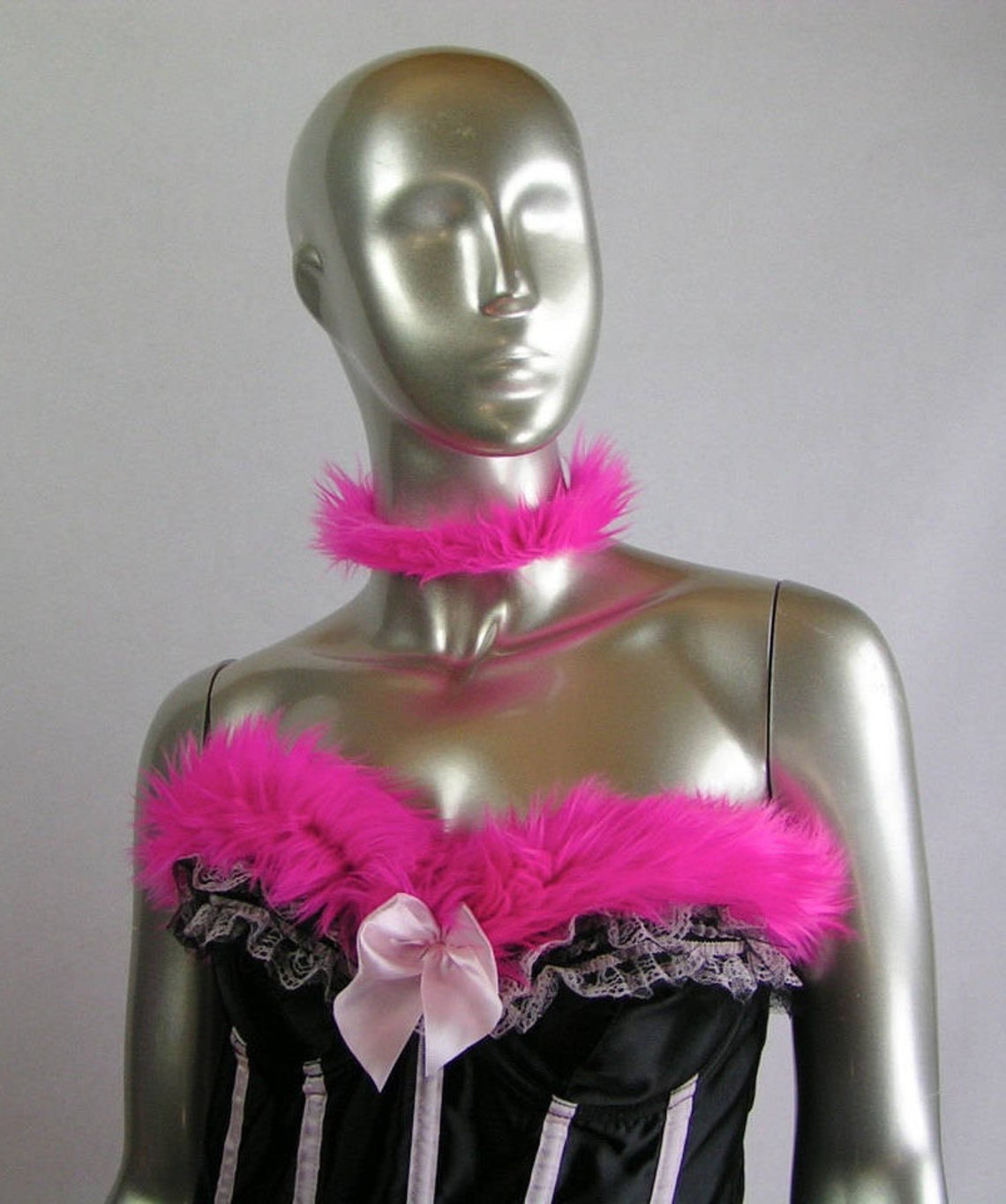 Faux Fur Trimmed Bustier Corset Top With Matching Faux Fur Choker Long