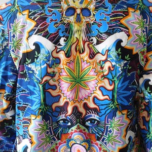 Burning Man LED faux Fur Coat - Psychedelic cotton print with white faux fur  Reversible coat  Light Up Coat  Ready to Ship! Handmade in USA