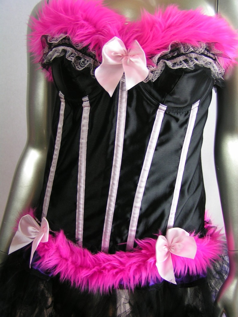 Faux Fur Trimmed Bustier Corset Top With Matching Faux Fur Choker Long