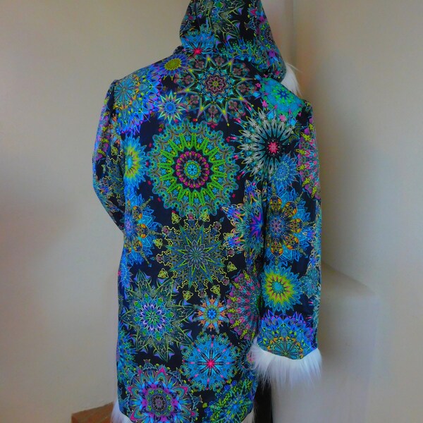 Burning Man Light Up Coat - Mandalas - White faux fur Reversible coat with a psychedelic cotton print interior