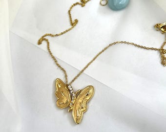 Gold Butterfly Pendant Necklace, Crystal Accent, Dainty Minimalist Jewelry