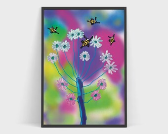 Blumen mit Bienen | A3 Kunstdruck | Herunterladbare Kunst | Wunderliche Blumenwanddekor | Digitale Kunst | Wandkunst | Hochauflösender Download