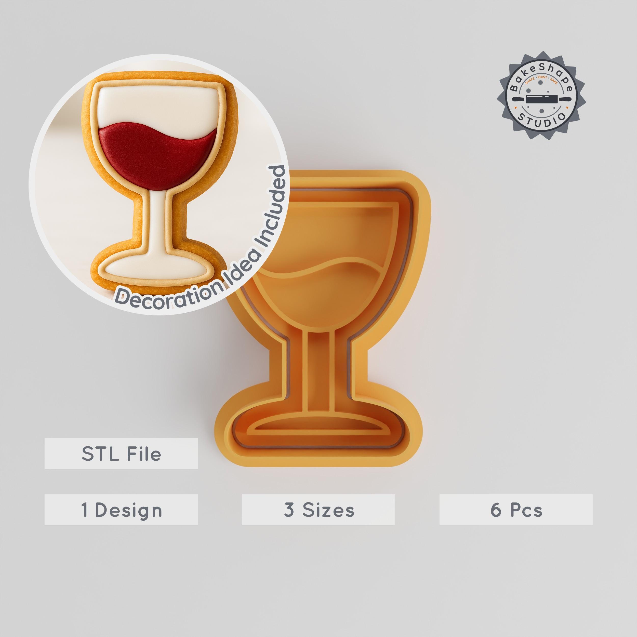 Wine Shape Cutter and Stamp Set, Wedding Cookie Fondant Tools, Vino Glass Clay Soap Mold, 6-Piece Instant Download STL
