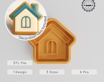 House Shape Cutter and Stamp Set for Cookies, Fondant, Clay, Soap, 3 Sizes, 6 Piece Home Design