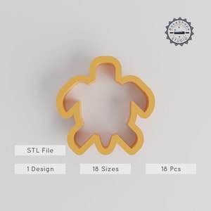 Może przedstawiać: Żółta foremka do ciastek w kształcie żółwia. Obraz zawiera tekst "STL File", "1 Design", "18 Sizes" i "18 Pcs". Logo Bake Shape Studio znajduje się w prawym górnym rogu.