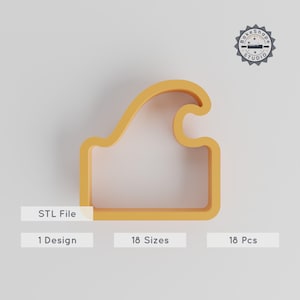 Pode incluir: Um cortador de biscoitos laranja em forma de onda. O cortador tem uma base retangular com um topo curvo e um pequeno redemoinho. O texto "STL File", "1 Design", "18 Sizes" e "18 Pcs" é visível. Um logotipo da BakeShape Studio é visível.