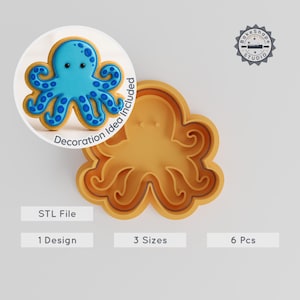 Blauwe ring octopussnijder en stempelset, 3 maten, voor koekjes, fondant, klei, zeep, oceanisch thema 3D-print STL