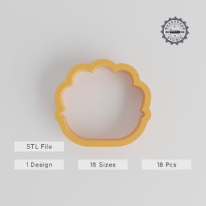 Può includere: Un tagliabiscotti giallo a forma di conchiglia in plastica. Il tagliabiscotti ha un bordo smerlato ed è progettato per la cottura. L'immagine include anche il testo "STL File", "1 Design", "18 Sizes" e "18 Pcs".