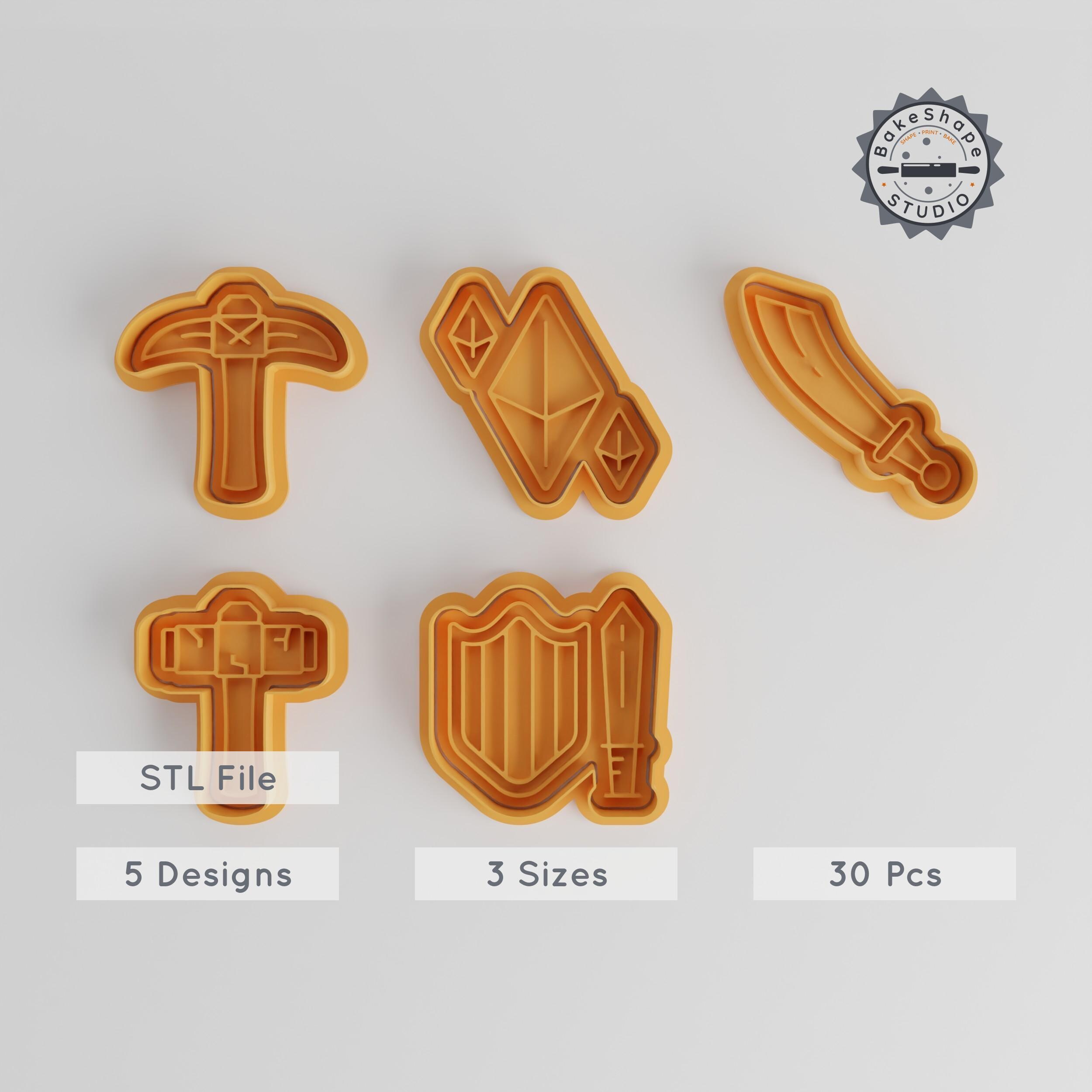 Tools and Weapons Shape Cutter Stamp Bundle, 30-Piece Set for Cookies, Fondant, Clay, Soap, Engagement Gift, Includes Sword, Pick Axe, Gems