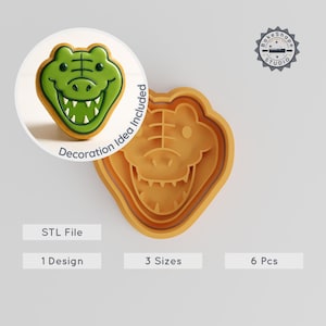 Crocodile Cookie Cutter & Stamp Set, Wild Reptile Camping Theme, 6 Pc, Animal Fondant Cutters, S/M/L Sizes, Gator Snap, Jungle Croc