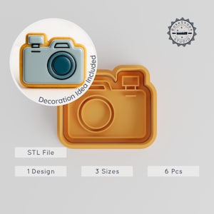 Camera Cookie Cutter & Stamp Set, Travel Photo Theme, Fondant Decoration, 3 Sizes S/M/L, 6 Piece STL Bundle