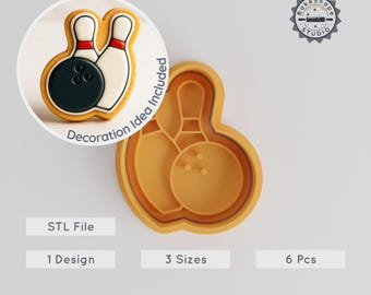 Bowling Shape Cutter & Stamp Set, Sports Design for Cookies, Fondant, Clay, Soap, 6-Piece, Instant Download 3D Print STL