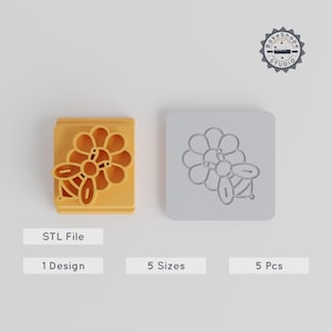 Bee on Flower Stamp Tile Set, Works with Clay, Cookies, Fondant, 5 Sizes, Nature & Spring-Themed 3D Print STL