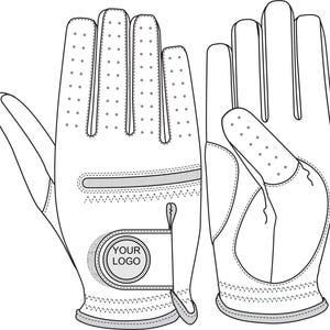 Puede incluir: Dibujo lineal de dos guantes de golf blancos. Los guantes tienen una palma y dedos texturizados con pequeñas perforaciones. El área de la muñeca presenta una correa con el texto "YOUR LOGO" en un parche circular.