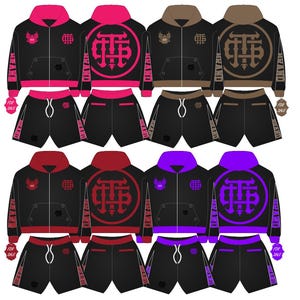 May include: A collection of matching tracksuits in various colors, including black, pink, brown, red, and purple. Each set features a zip-up hoodie and shorts, with a logo design on the front and back. The sleeves of the hoodies have a vertical text design.