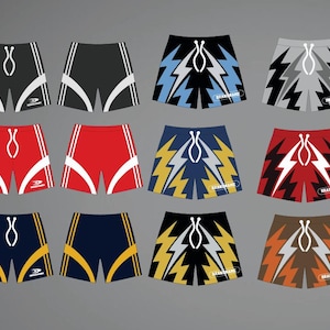 Pode incluir: Coleção de calções desportivos em várias cores, incluindo preto, vermelho e azul marinho. Os designs apresentam detalhes brancos, gráficos de raios e o texto "BEARBRAND".