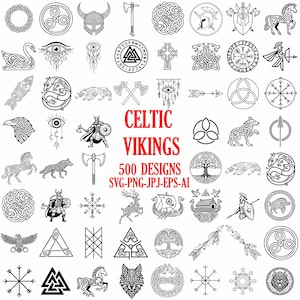 May include: A collection of 500 Celtic and Viking designs in black and white. The image features various symbols, including axes, wolves, and intricate knotwork, with the text "CELTIC VIKINGS" and "500 DESIGNS".