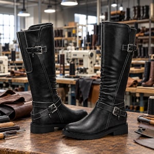 May include: A pair of black knee-high boots featuring a low heel, a rounded toe, and two adjustable straps with silver-toned metal buckles. The boots have a textured finish with visible stitching along the seams and a side zipper closure.