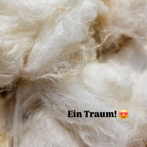 Könnte beinhalten: Nahaufnahme einer weichen, cremefarbenen Faser. Die Textur ist flauschig und dicht, mit unterschiedlich dicken Strähnen und subtilen Farbvariationen. Der Text "Ein Traum!" ist sichtbar.