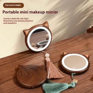 Espejo de madera con luz LED, espejo de maquillaje portátil, el mejor regalo para el Día de la Madre, regalos creativos para el Día de la Madre, espejo de maquillaje con espejo curvo.