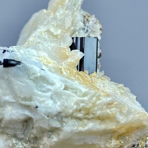 May include: Close-up of a mineral specimen featuring a dark, rectangular crystal formation. The crystal is set against a backdrop of white and beige crystalline structures, creating a striking contrast. The overall composition highlights the natural beauty of the mineral.