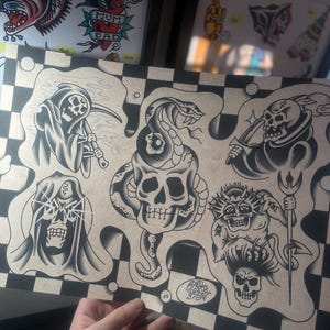Skull Tattoo Flash Sheet Print: Traditional Old School Art