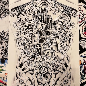 The Siege - Medieval backpiece tattoo design print, American traditional blackwork