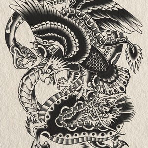 Battle Royale Tattoo Art Print: Eagle, Snake & Dragon - Limited Edition