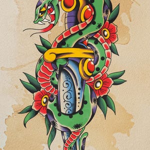 Venomous Snake Tattoo Art Print: Traditional Flash Design