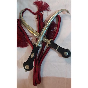 Moroccan Koummya Dagger – Berber Ceremonial Knife with Red Tassel, Engraved Tribal Sword Decor, Medieval Jewelry Display Piece