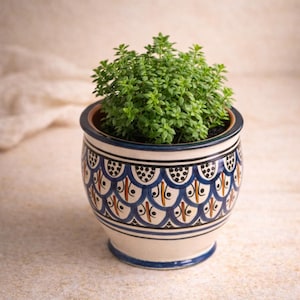 Maceta de cerámica marroquí hecha a mano | Maceta pequeña de 17 cm | Maceta de arcilla pintada a mano | Decoración marroquí para interiores y exteriores