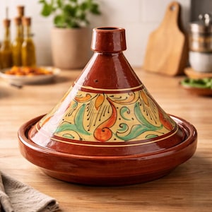 Tagine marocchino in argilla fatto a mano – Tagine senza piombo per cottura in forno e piano cottura, con coperchio dipinto a mano (diverse misure)