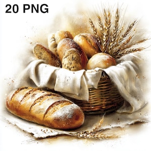 Puede incluir: Una ilustración de varios productos horneados, que incluyen hogazas de pan y panecillos, dispuestos en una cesta de mimbre forrada con tela blanca. También se incluyen espigas de trigo en la disposición. El texto "20 PNG" está en la esquina superior izquierda.