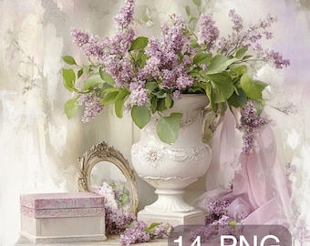 14 PNG Jarrón Shaby chic de color lila clipart Imprimible Acuarela clipart Álbum de recortes Suministro Jarrón de acuarela con flores Uso comercial Floral