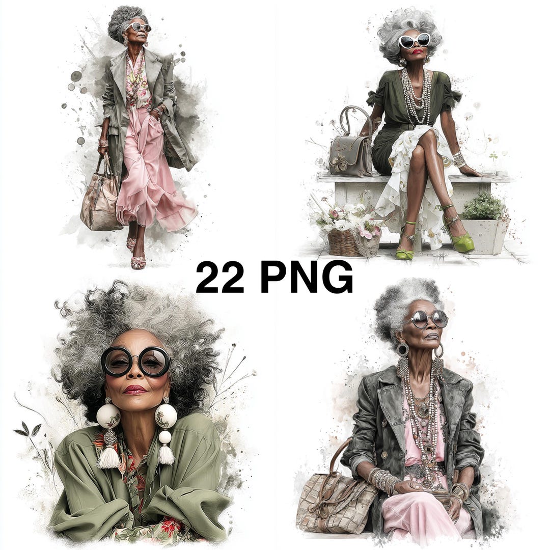 Stylish Black Elderly Woman Clipart: Fashionable Grandma Art Print (22 ...