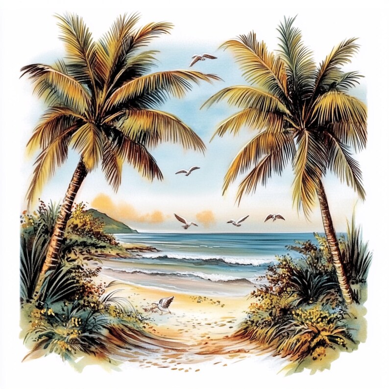 16 PNG Beach Scene Clipart Sunny Beach Watercolor Palms in Beach ...