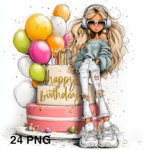 Op de afbeelding: Illustratie van een vrouw met blond haar, een zonnebril en een koptelefoon, naast een verjaardagstaart. De taart is roze en beige met gouden tekst "happy birthday". Ballonnen in verschillende kleuren op de achtergrond.