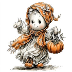 Puede incluir: Ilustraci&oacute;n caprichosa de una figura de mu&ntilde;eca con vestido blanco, bufanda y pa&ntilde;uelo naranja, sosteniendo una calabaza. La figura tiene mejillas rosadas y lleva botas marrones. La obra de arte tiene un aire vintage y de cuento.
