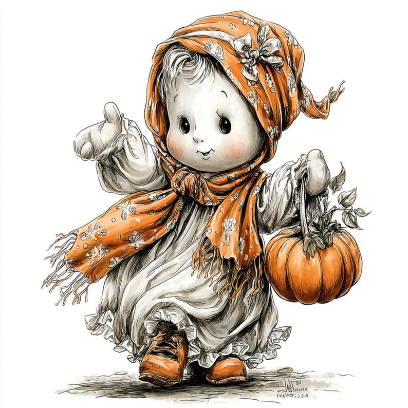 Puede incluir: Ilustraci&oacute;n caprichosa de una figura de mu&ntilde;eca con vestido blanco, bufanda y pa&ntilde;uelo naranja, sosteniendo una calabaza. La figura tiene mejillas rosadas y lleva botas marrones. La obra de arte tiene un aire vintage y de cuento.