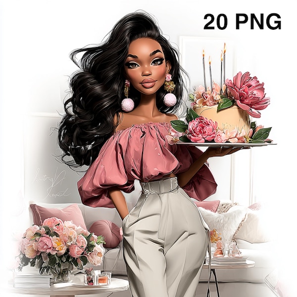 20 PNG noir anniversaire fille clipart gâteau d'anniversaire clipart anniversaire décalé afro fille lunatique clipart afro-américain téléchargement numérique