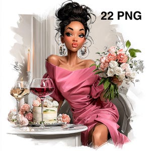 以下が含まれることがあります： ピンクのドレスを着た女性がバラの花束を持っているデジタルイラスト。テーブルにはワイングラス、ケーキ、ろうそくが置かれています。画像には右上隅に「22 PNG」というテキストがあります。