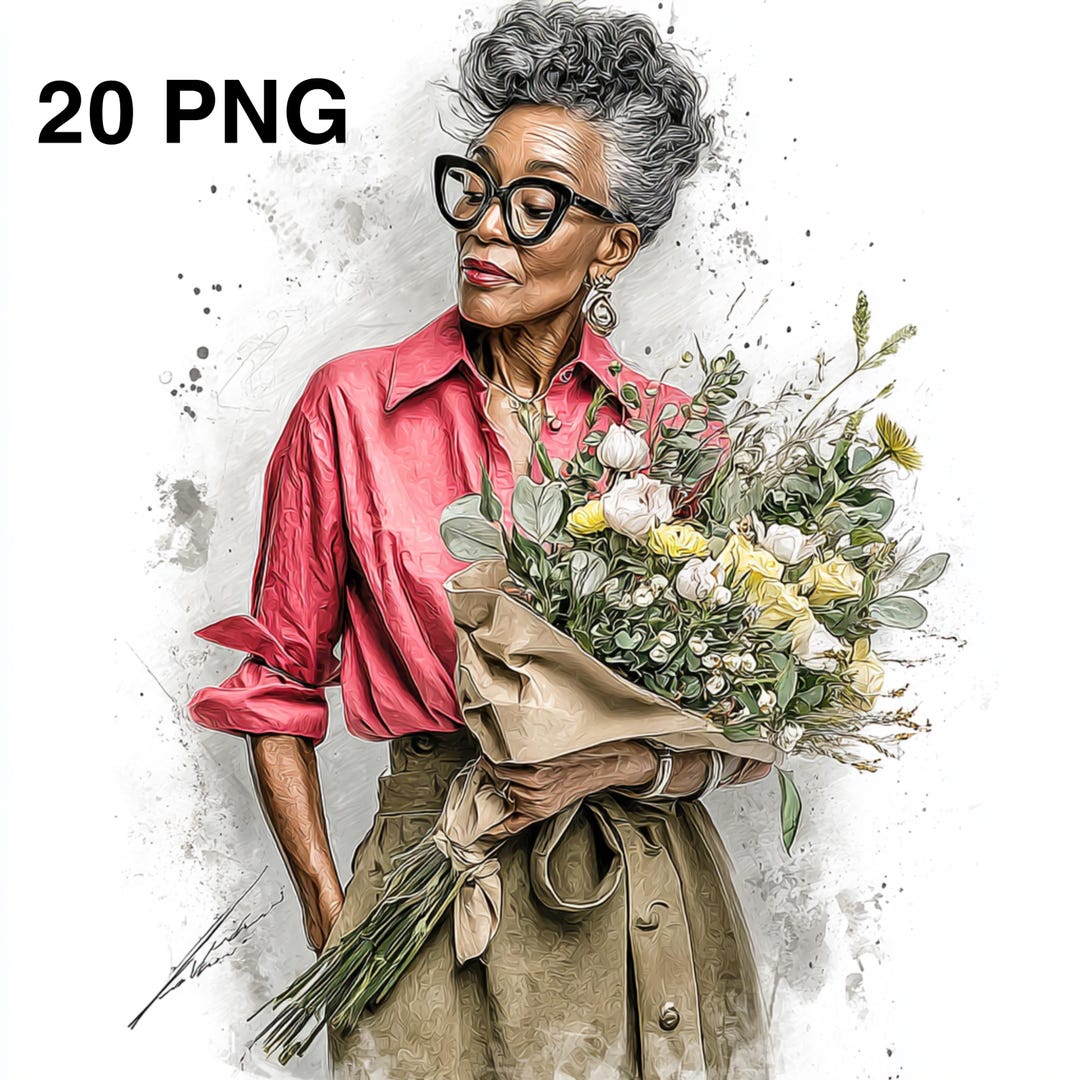 Stylish Black Elderly Woman Clipart: Fashionable Grandma Floral Art ...