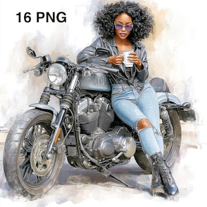 16 PNG African American Female Biker Clipart Motorcycle Rider Afro girl on motorcycle Motorcycle Women Printable Watercolor clipart