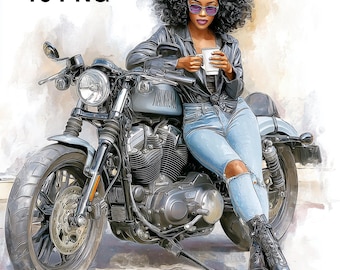 16 PNG African American Female Biker Clipart Motorcycle Rider Afro girl on motorcycle Motorcycle Women Printable Watercolor clipart