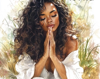 18 PNG Mujer negra rezando en la naturaleza Mujer afroamericana rezando Meditación clipart Oración cristiana Oración Clipart Descarga digital
