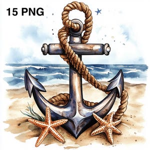 15 PNG Anchor Clipart Nautical Printable clipart Summer Beach Clipar Ocean Sea Shell Printable clipart Watercolor Anchor Illustration