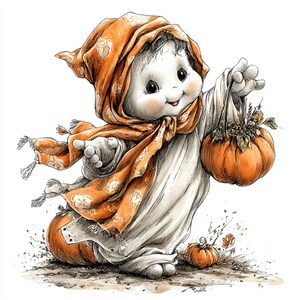 Puede incluir: Ilustraci&oacute;n de un personaje de fantasma de dibujos animados, vestido con una t&uacute;nica blanca, una bufanda y una capucha naranja. El fantasma sostiene una bolsa de calabaza y est&aacute; sentado en una calabaza. La obra es de estilo acuarela, ideal para Halloween.