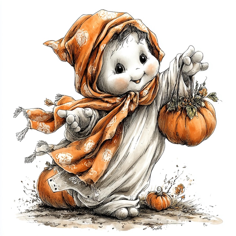 Puede incluir: Ilustraci&oacute;n de un personaje de fantasma de dibujos animados, vestido con una t&uacute;nica blanca, una bufanda y una capucha naranja. El fantasma sostiene una bolsa de calabaza y est&aacute; sentado en una calabaza. La obra es de estilo acuarela, ideal para Halloween.