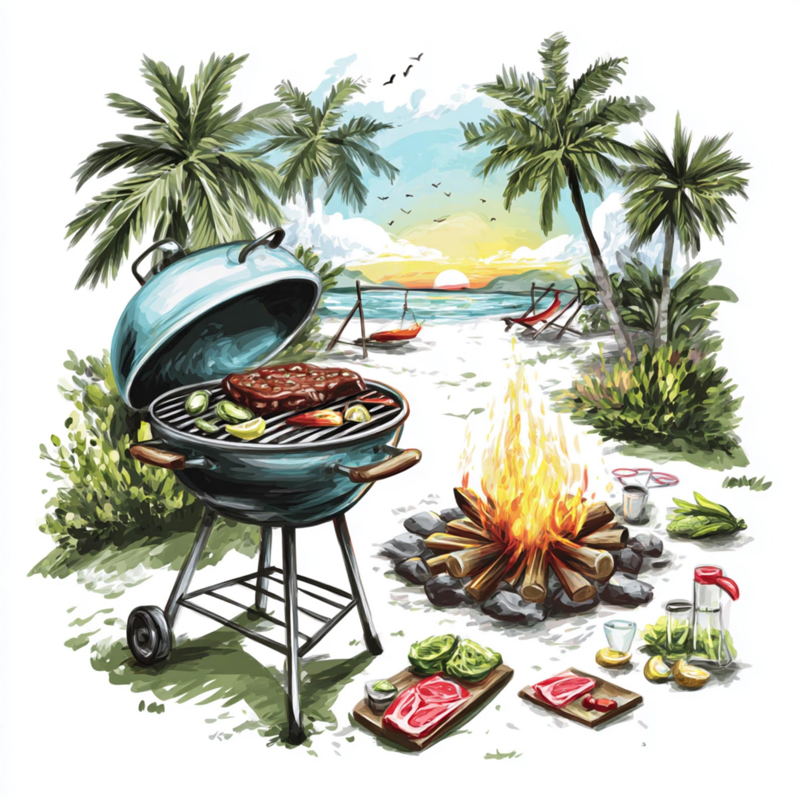 14 PNG Beach Summer BBQ Watercolor Barbecue Clipart Bundle Grill Party ...