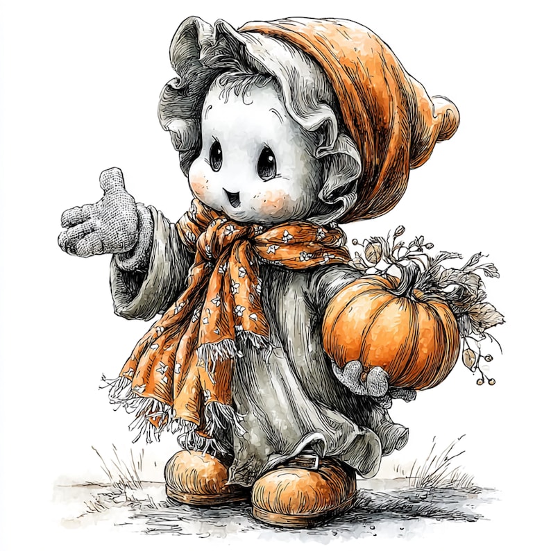 Puede incluir: Ilustraci&oacute;n en acuarela de una linda figura de dibujos animados con un gorro y bufanda naranjas, sosteniendo una calabaza naranja. La figura lleva un atuendo gris y botas marrones, con una expresi&oacute;n amigable y una mano levantada.